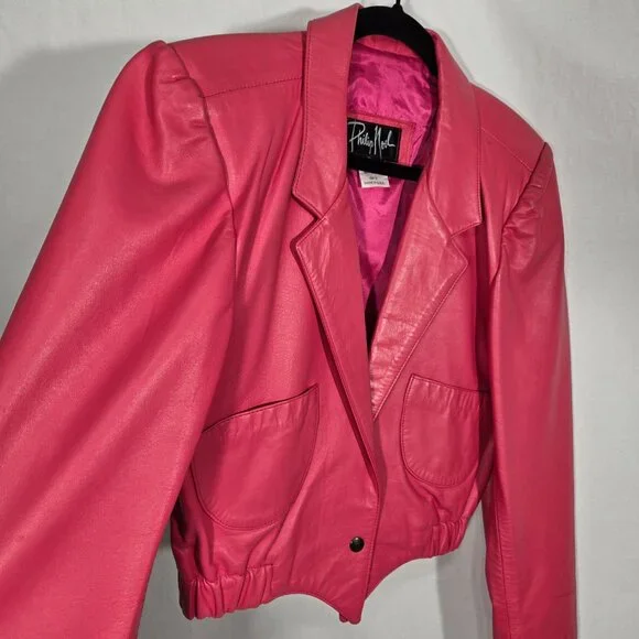 USA Vintage PHILIP NOEL Retro BARBIECORE Bright PINK Leather Crop Jacket Size M. - Picture 4 of 17